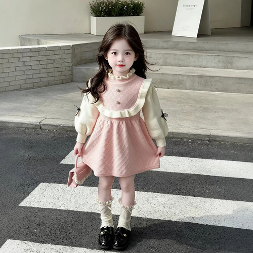 女童小香风连衣裙2026秋季新款儿童超好看蝴蝶结拼色针织毛衣裙