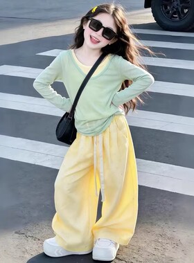 女童多巴胺套装春夏2026新款儿童休闲春装女孩薄款T恤三件套洋气