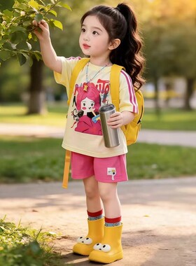 女童时髦套装夏季2026新款儿童休闲夏装女孩卡通T恤短裤两件套