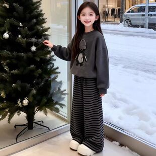 女童企鹅卫衣套装春秋2026新款儿童条纹裤子韩版女孩休闲两件套潮
