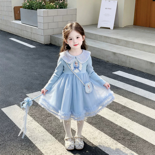 女童连衣裙2026秋季新款儿童爱莎公主裙女宝宝超仙蓝色网纱蓬蓬裙