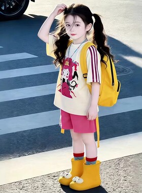 女童短袖T恤套装夏季2026新款儿童卡通上衣韩版女孩五分裤两件套