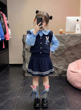 女童春装兔子警官套装2026春季新款儿童毛衣马甲翻领衬衣百褶裙潮