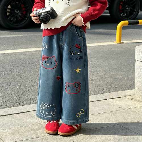 女童卡通牛仔直筒裤2026秋季新款儿童超好看刺绣阔腿裤女宝宝长裤