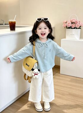 女童套装2026秋季新款儿童洋气蓝色连帽卫衣宝宝时髦阔腿裤两件套