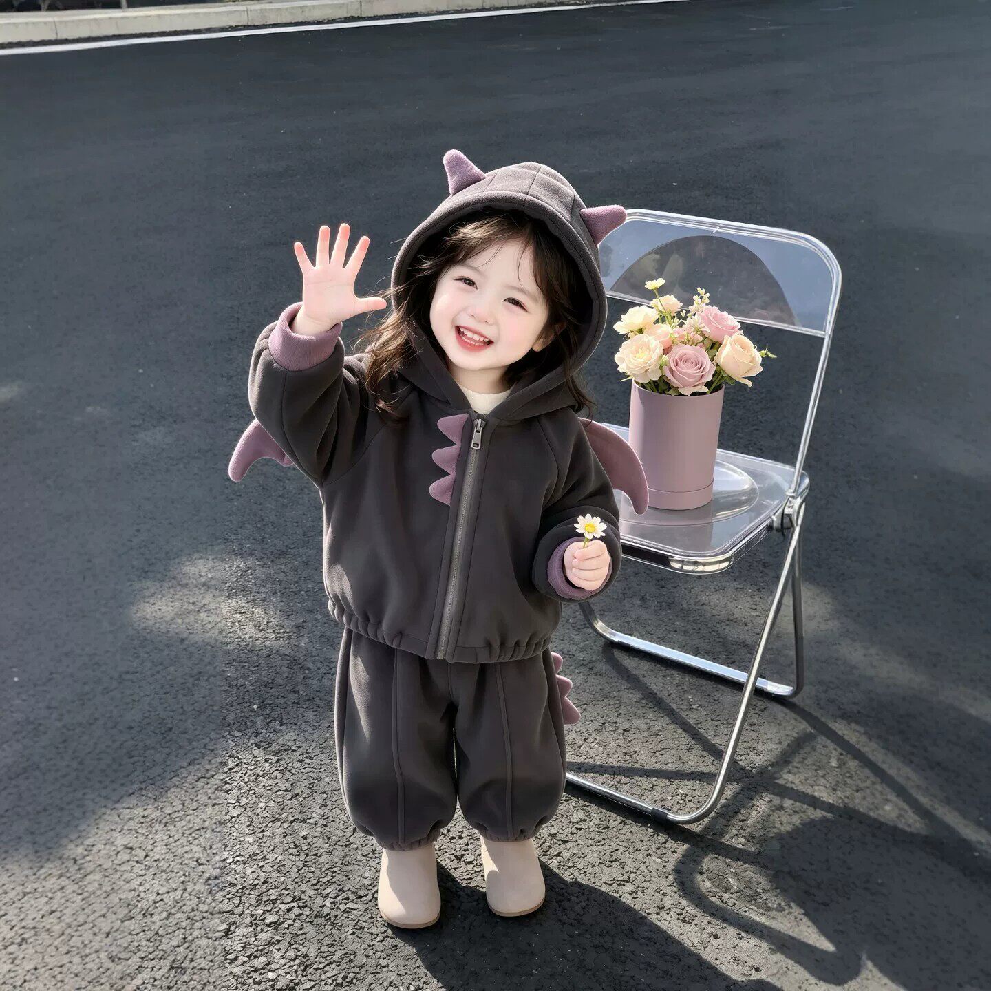 女童小怪兽套装2026秋冬新款儿童卡通萌趣加绒保暖卫衣卫裤两件套