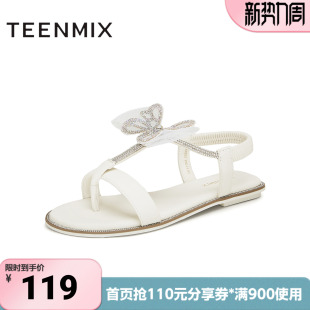 天美意新款 KX023BL4 日常百搭配裙子蝴蝶平跟女休闲凉鞋