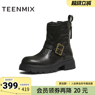 天美意冬新款商场同款粗跟简约时装靴复古英伦风女靴BM041DZ5