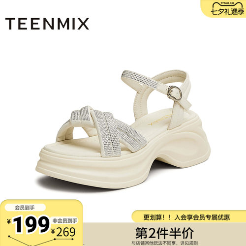天美意夏季新款商场同款时尚水钻厚底女一字带凉鞋BK941BL5