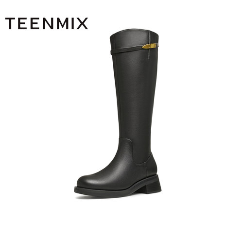 天美意冬新款商场同款圆头粗跟复古长靴女骑士靴CQN95DG4