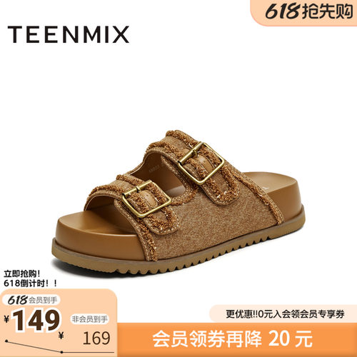 天美意夏季新款牛仔布皮带扣休闲时尚厚底女勃肯鞋KK023BH5