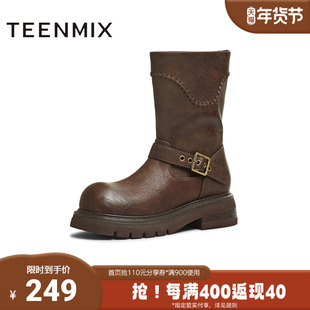 天美意2025冬新款商场同款圆头粗跟复古长靴女骑士靴BM352DZ5