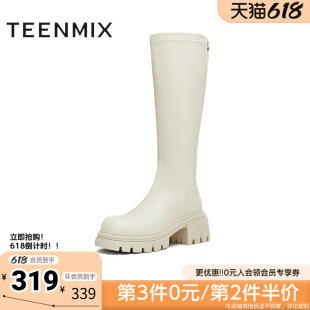 天美意冬新款直筒显瘦百搭厚底潮流纯色女弹力靴KTX21DG5
