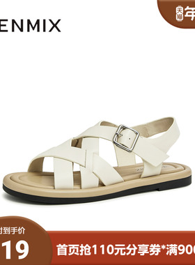 天美意新款交叉带罗马鞋舒适平底韩版休闲女凉鞋AN011BL3