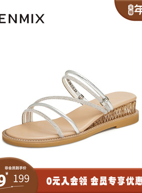 天美意2024夏新款坡跟条带外穿舒适简约百搭女凉拖鞋CTI20BT4