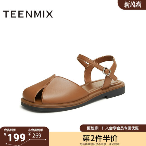 天美意夏季新款平底百搭外穿纯色复古百搭女休闲凉鞋KX008BL4