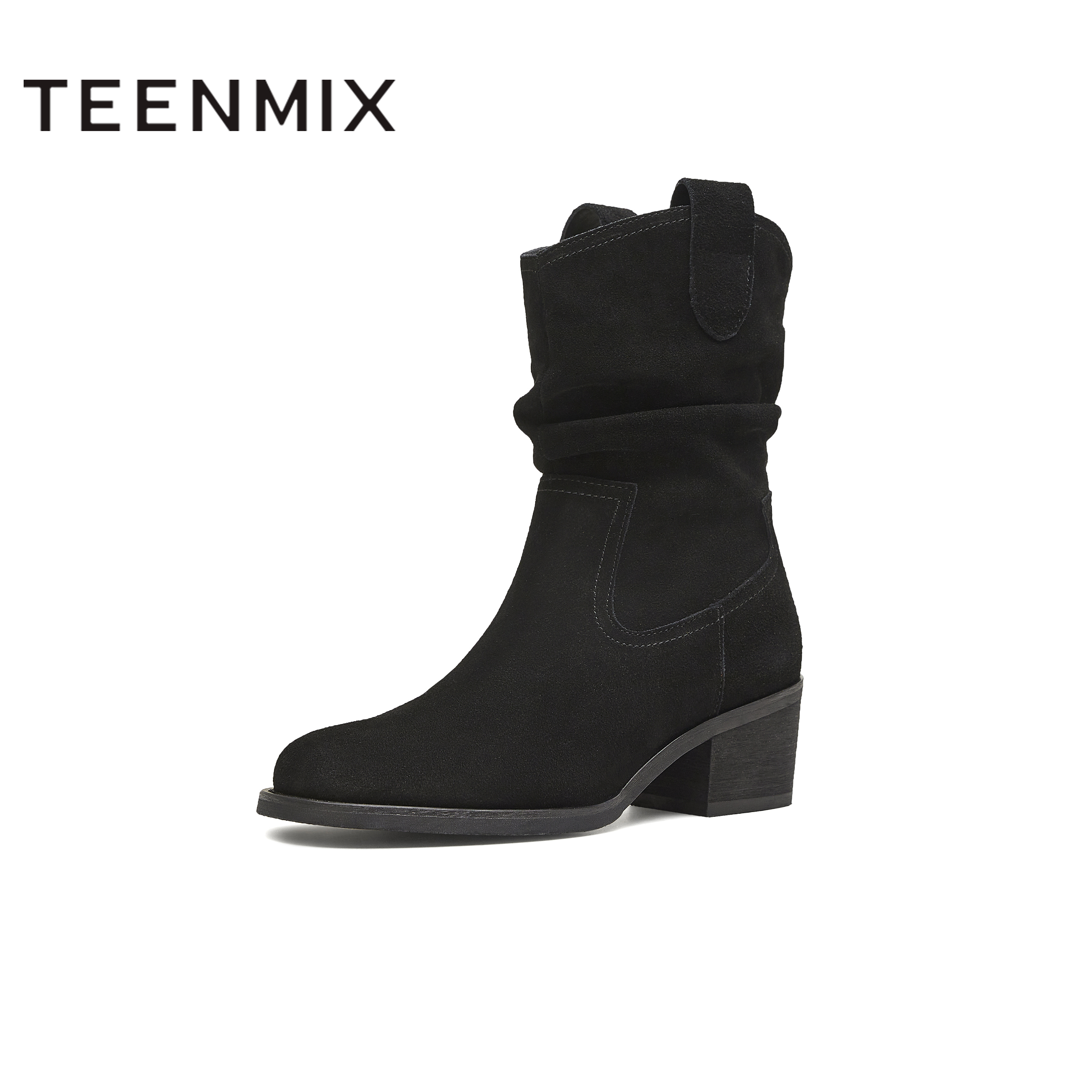 天美意2025冬新款粗跟百搭日常休闲一脚蹬女西部靴KXZ15DZ5