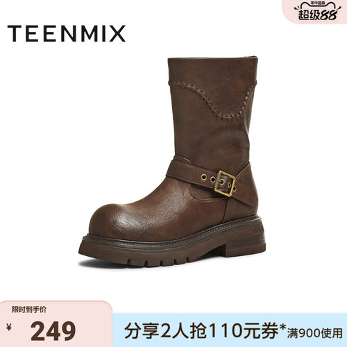 天美意冬新款商场同款圆头粗跟复古长靴女骑士靴BM352DZ5