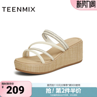 条带坡跟增高百搭女一字拖鞋 商场同款 COO12BT5 新款 天美意夏季