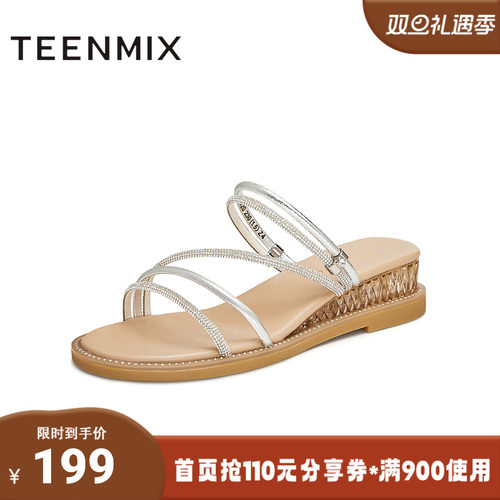 天美意2024夏新款坡跟条带外穿舒适简约百搭女凉拖鞋CTI20BT4