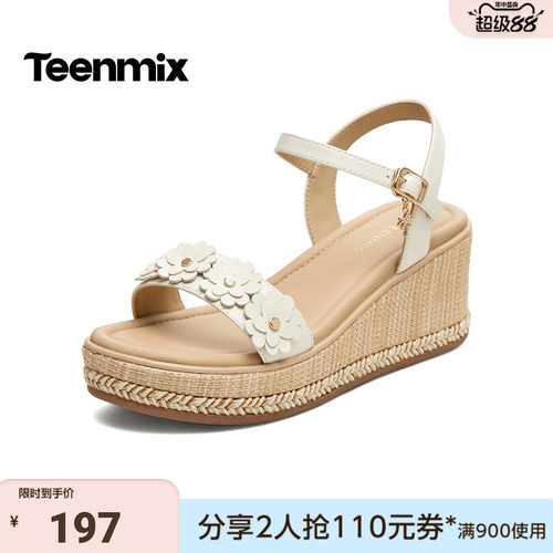 天美意2026夏新款坡跟花朵编织一字带日常休闲女凉鞋COO13BL6