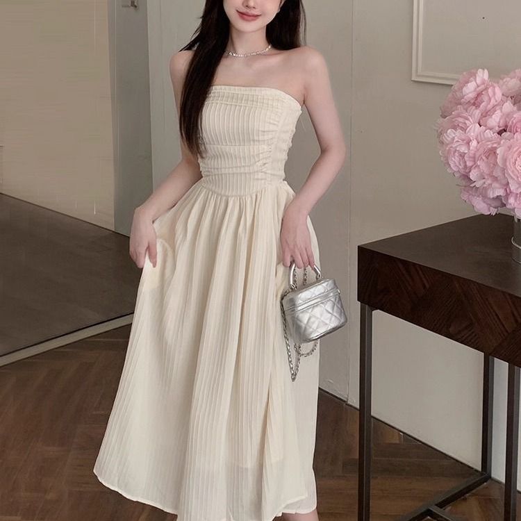 法式抹胸一字肩连衣裙女夏季辣妹纯欲裙子小个子显高收腰气质长裙