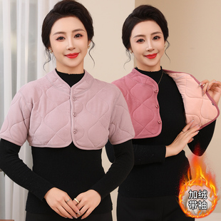 中年妈妈加绒保暖背心马甲上衣女士山羊绒打底加厚老年人秋冬护肩