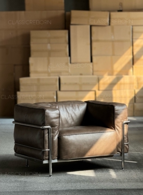 北欧中古复古风油蜡真皮头层牛皮三人位羽绒不锈钢脚棕沙发