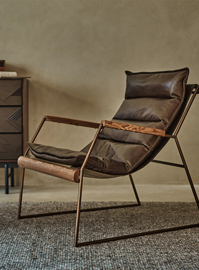 Classic Reborn休闲椅原木油蜡皮软包躺椅客厅点缀中古侘寂休闲椅