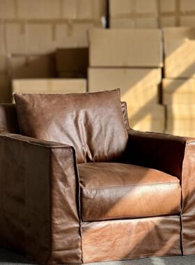 Classic Reborn中古复古油蜡苯胺牛皮休闲单人椅直排皮艺沙发