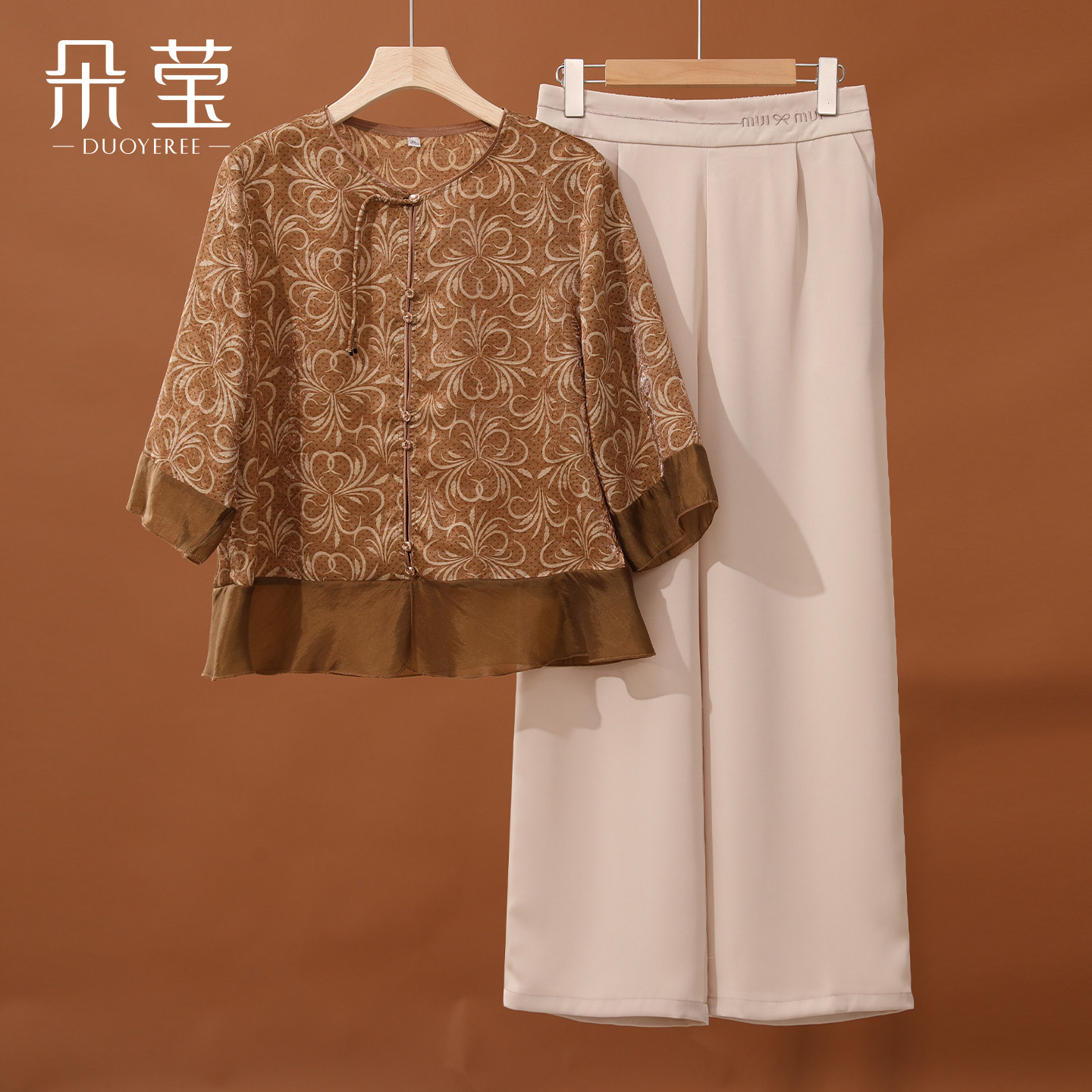 朵莹妈妈夏装七分袖小衫套装2026新款中年女装中老年洋气大码上衣