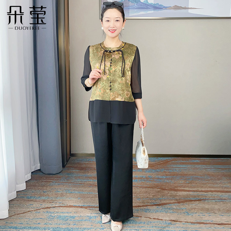 妈妈春装中式印花两件套2025年新款T恤小衫中老年女春夏雪纺套装,女装/女士精品,中老年女装,淘宝优惠券,粉丝福利购,淘宝优惠卷