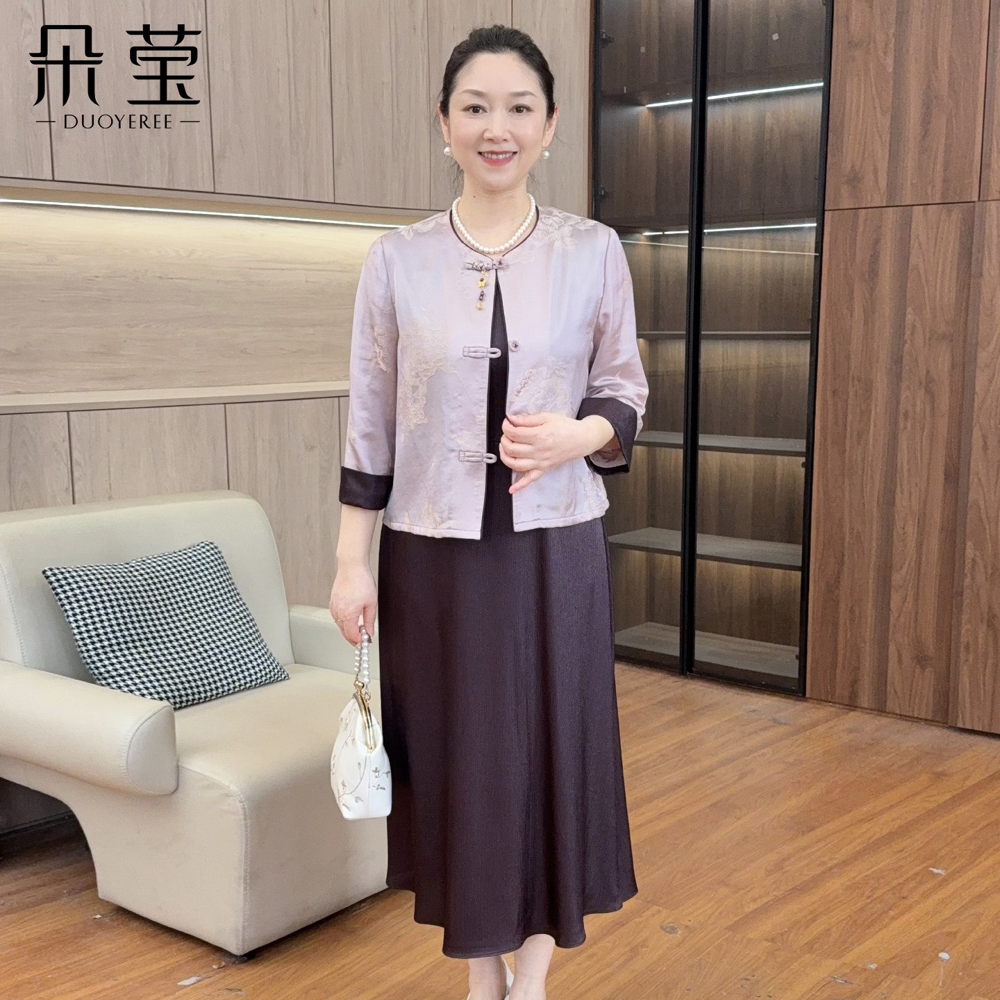 朵莹妈妈夏装新中式盘扣连衣裙套装新款中老年女装外套裙子两件套