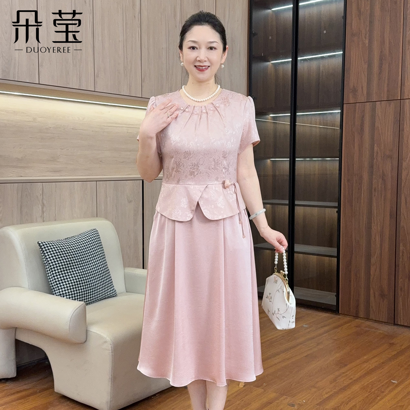 朵莹新中式妈妈夏装短袖连衣裙2026新款中年女士中老年假两件裙子