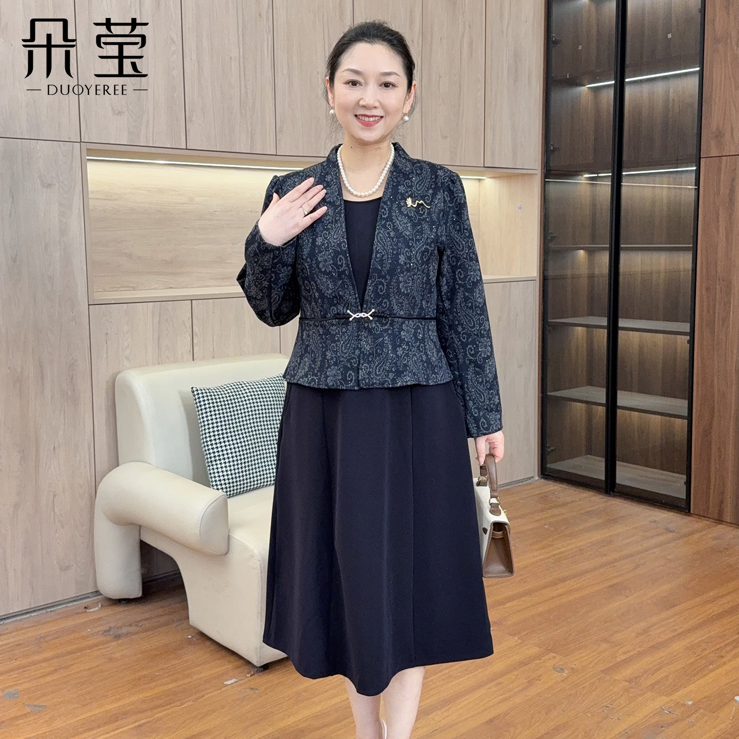 朵莹妈妈春装洋气假两件连衣裙新款中老年女装喜婆婆婚宴礼服裙子