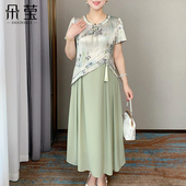 妈妈夏装 圆领裙子 长裙中老年时尚 洋气中长款 连衣裙中年女40岁中式