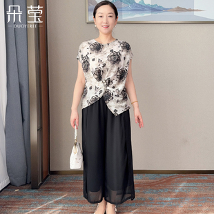 洋气短袖 夏季 小衫 中老年女2025新款 休闲宽松衣服 套装 朵莹妈妈夏装