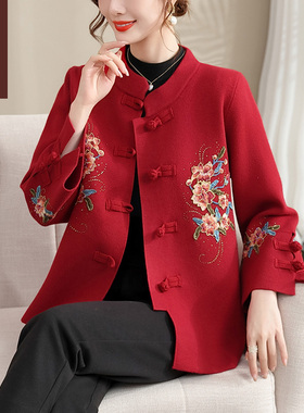 妈妈秋装气质红色外套喜婆婆婚宴装礼服中老年春秋季短款毛呢绣花