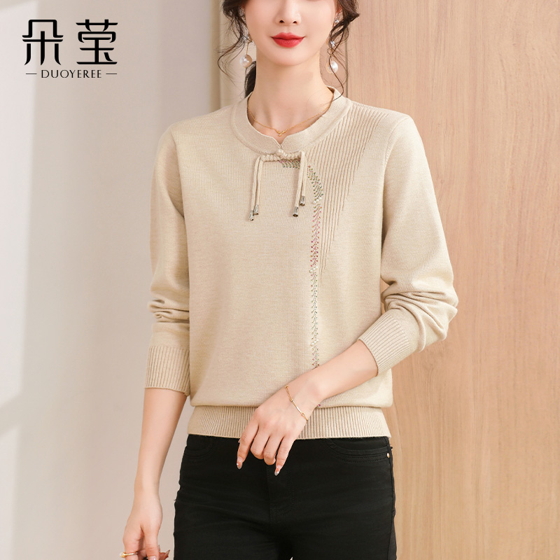 妈妈春秋装新中式盘扣针织上衣服