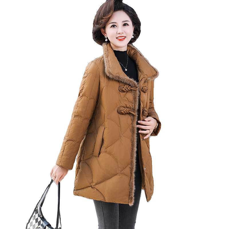 妈妈冬装中长款羽绒服外套盘扣