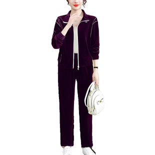 中年妈妈春装休闲运动服套装中老年女春秋季宽松大码两件套金丝绒