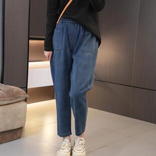 胖mm高腰百搭显瘦九分裤 2024新款 秋季 哈伦牛仔裤 松紧腰方口袋大码
