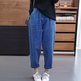胖mm休闲百搭老爹裤 大码 高腰高弹九分裤 女初秋款 松紧腰牛仔哈伦裤