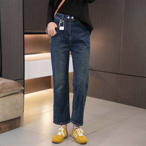 秋季必入高腰双扣百搭发棍牛仔裤