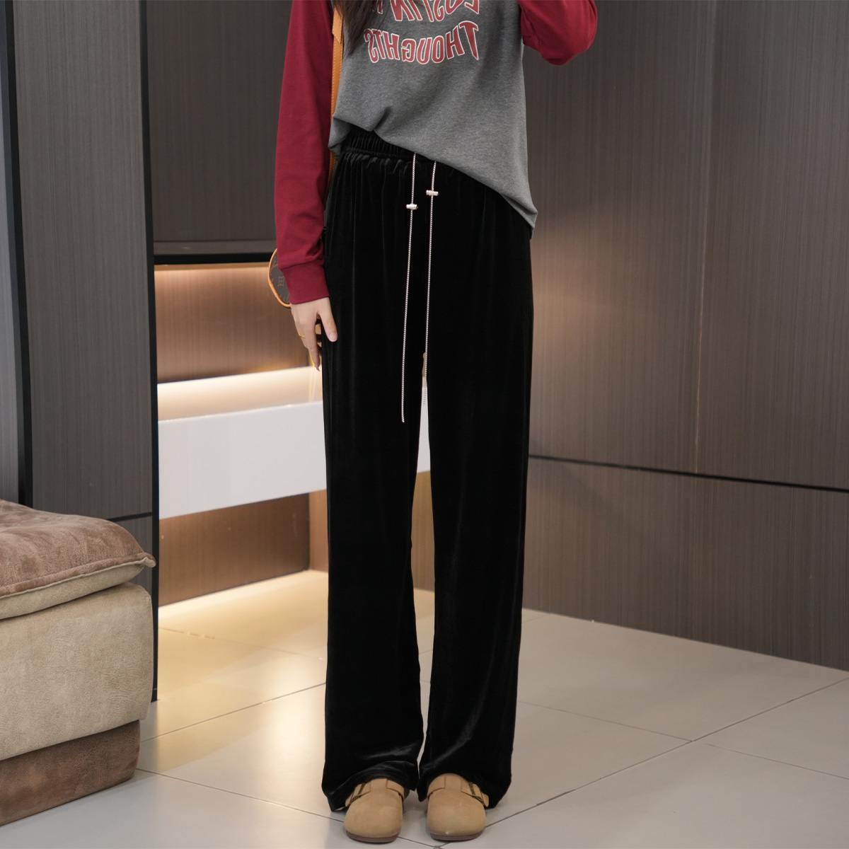 早秋必入松紧腰链条金丝绒直筒裤