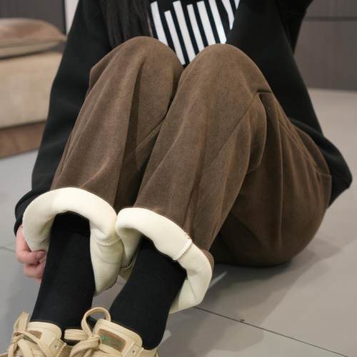 必入加绒松紧腰抽绳休闲直筒裤