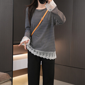 打底衫 韩系甜美百搭经典 条纹大码 200斤胖mm弹力小众蕾丝拼接上衣