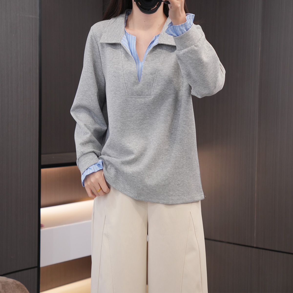 闭眼入时尚拼接条纹假两件打底衫