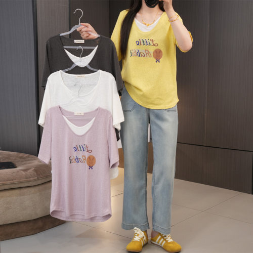 闭眼入薄款时尚撞色拼接V领短袖