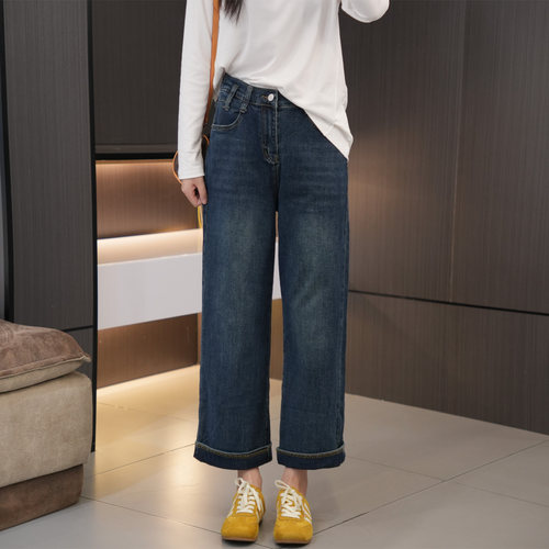 初秋必入设计感卷边直筒牛仔裤